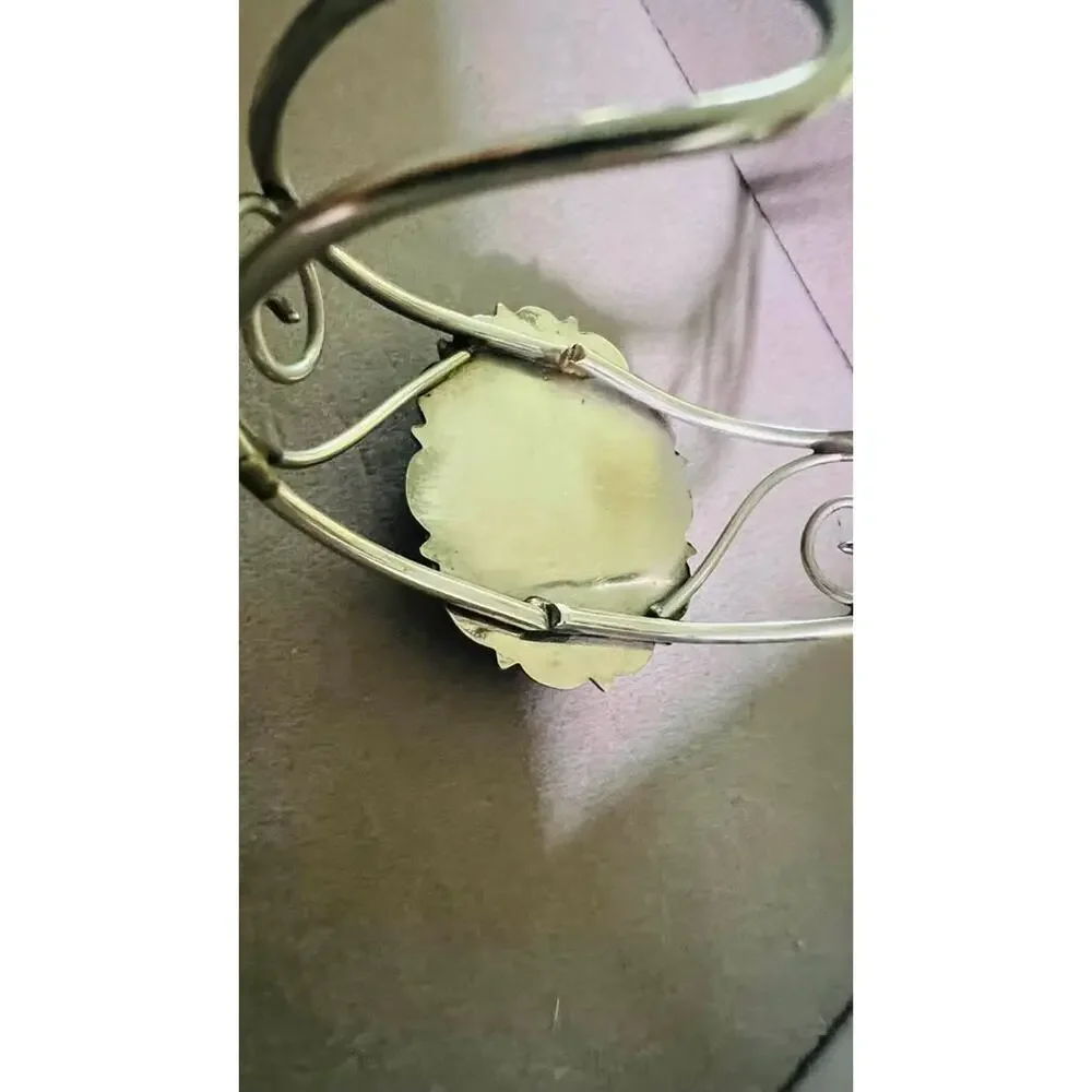 Vintage Silver-Tone Geometric Inlay Cuff Bracelet
